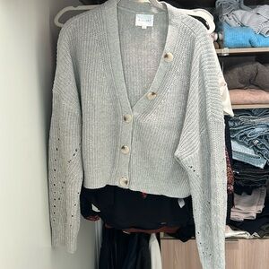 Line & Dot Cardigan Sweater Button Front Rib Knit Pointelle Taupe Womens Large